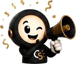 Compto, la mascotte de Comptoir Studio, annonce la nouvelle au mégaphone