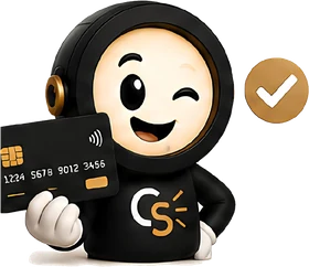 Compto, la mascotte de Comptoir Studio, montre une carte bancaire validée